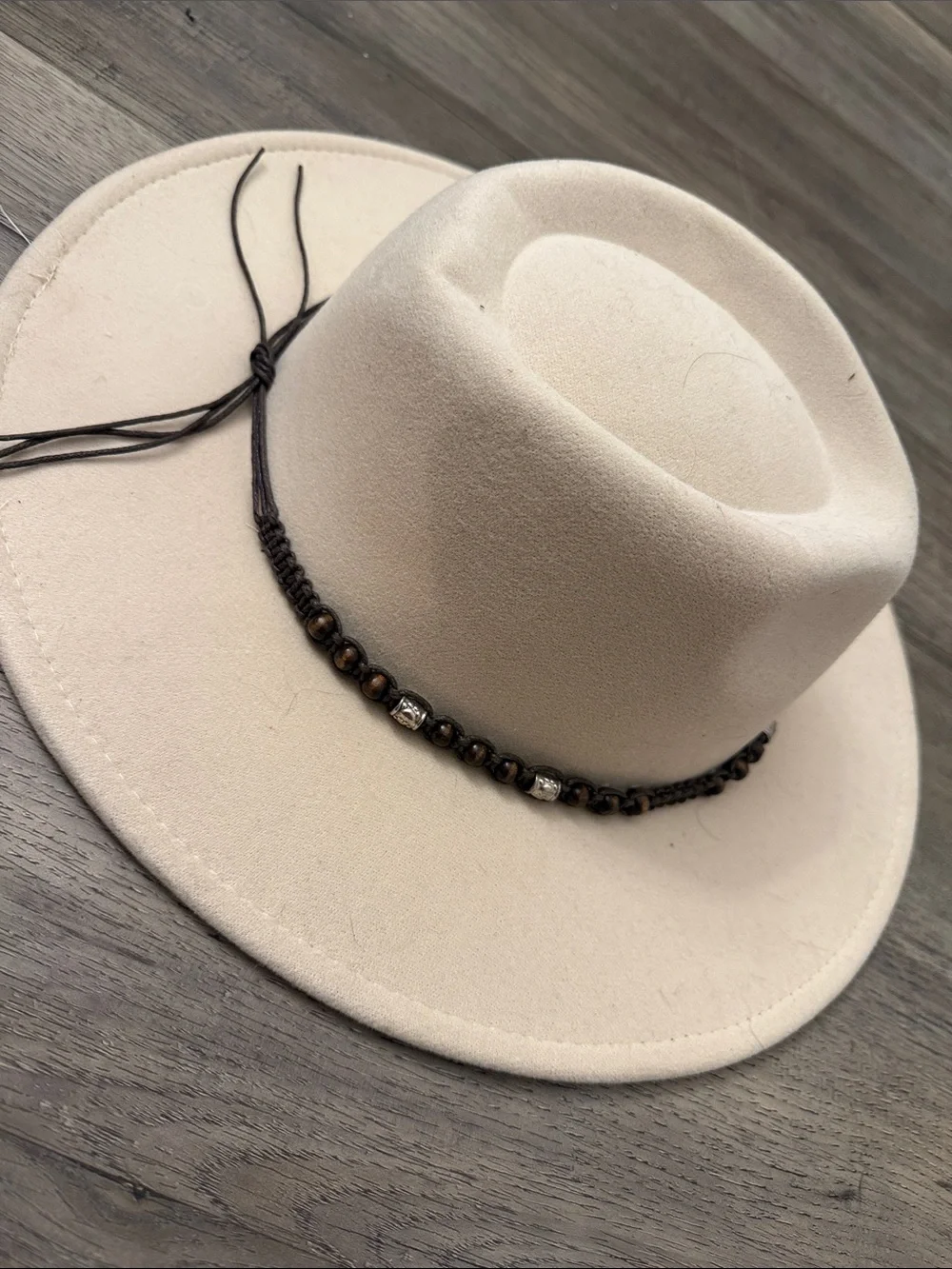 Cream Wide-Brim Beaded Fedora Hat